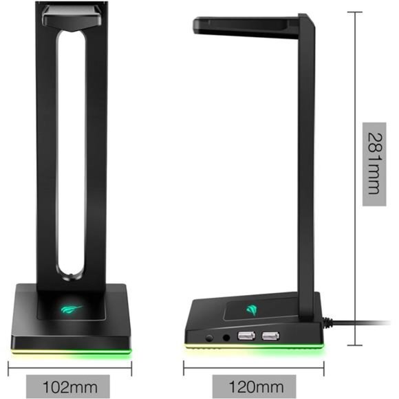 RGB Headphones Stand with 3.5mm AUX and 2 USB Ports, Headphone Holder for Gamers - Picture 2 of 6